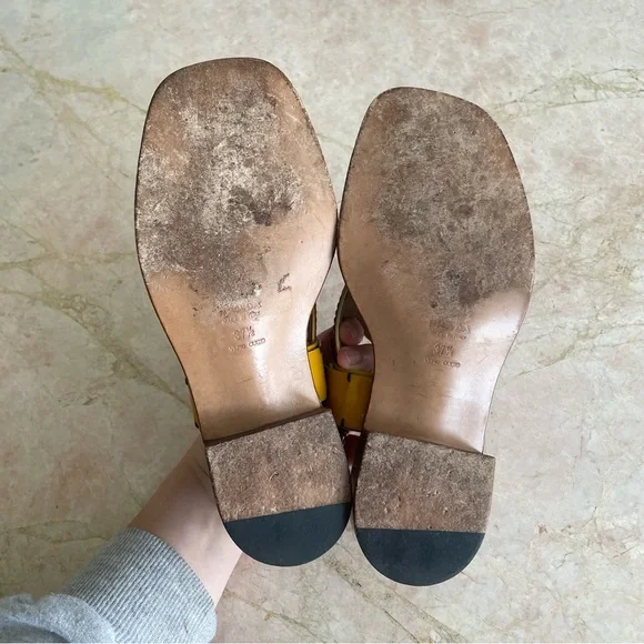 Prada designer red & yellow patent leather block heel sandals - Picture 6 of 8